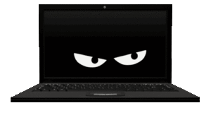 eyes looking out of computer showing a hacked website