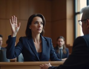 woman on witness stand in courtroom