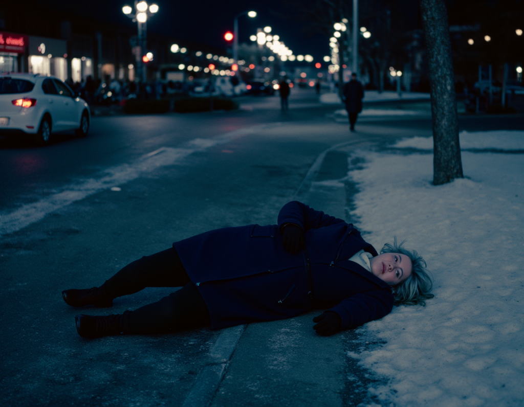 a woman lying on ice