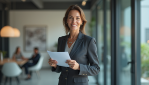 a woman in a business suit holding paper