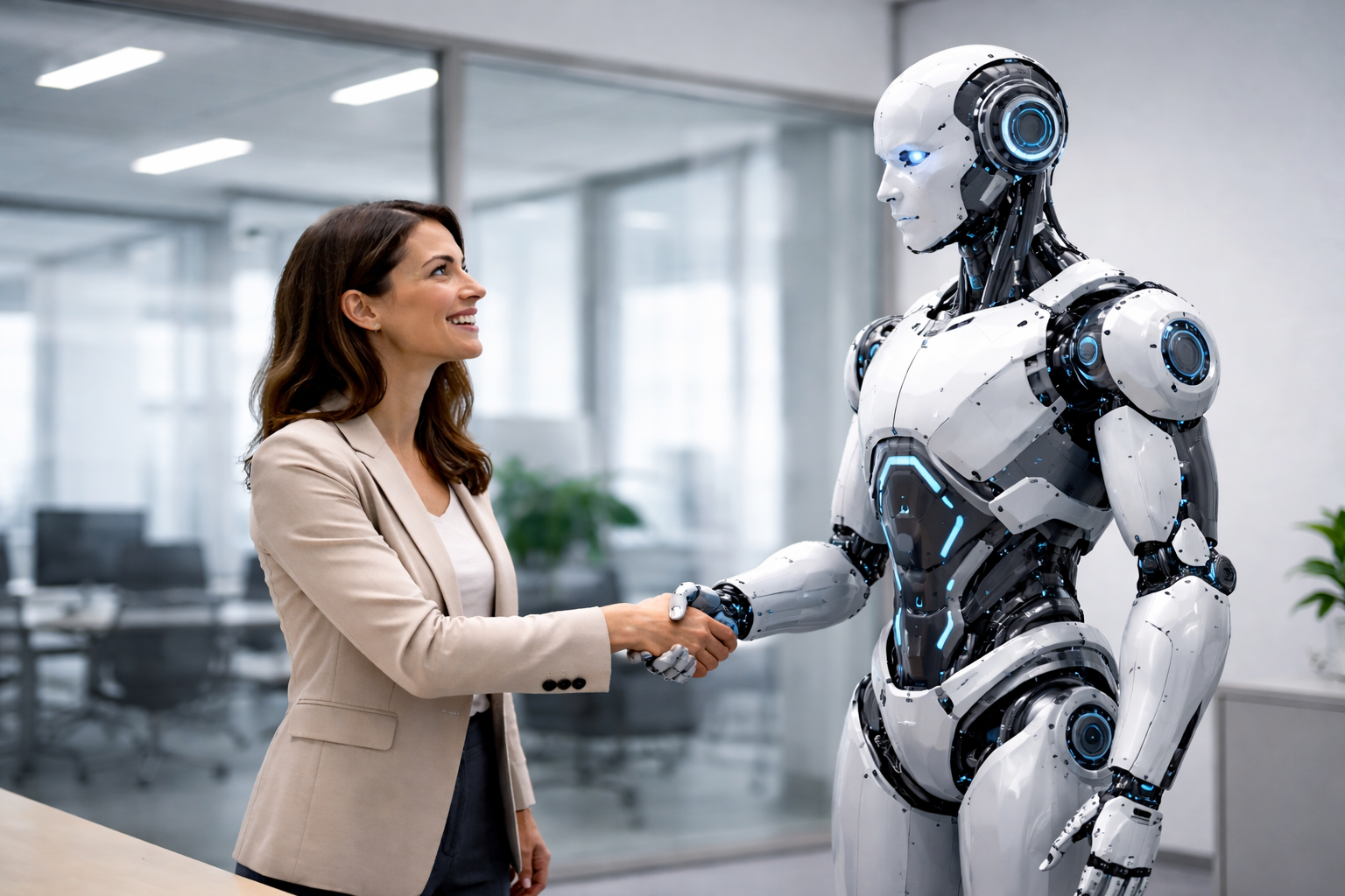 woman shaking hand of robot