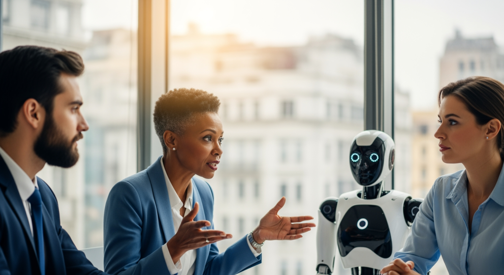 woman and AI robot in business setting