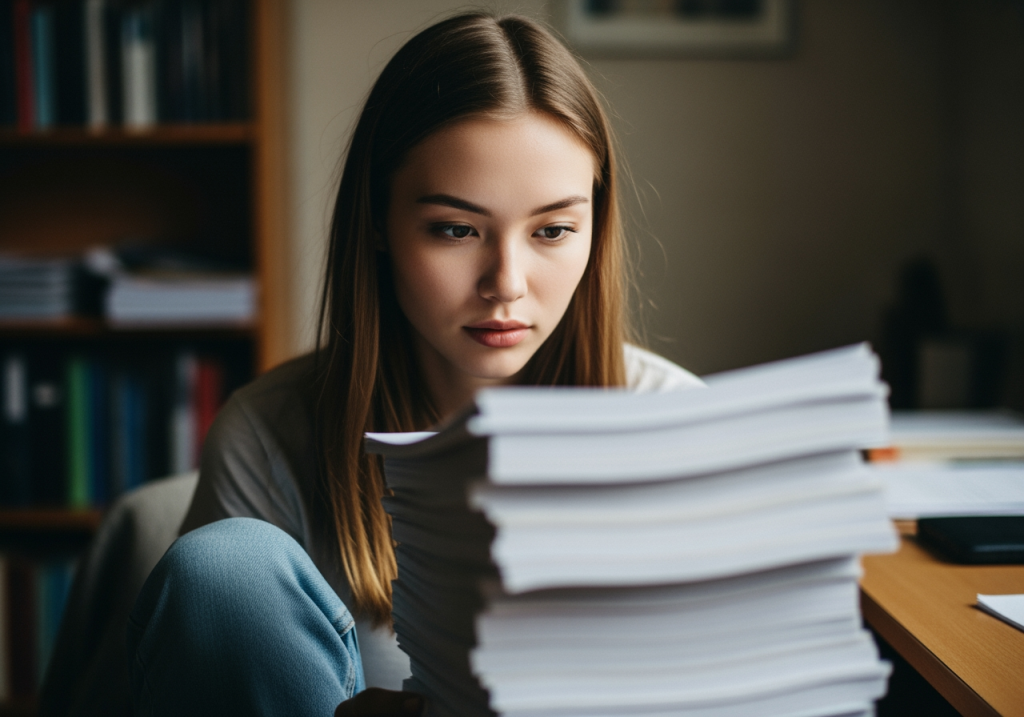 a young woman looking at a stack of paper