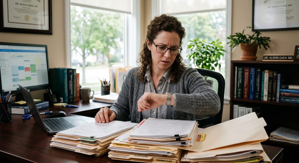 woman looking at her watch in front of a pile of medical records