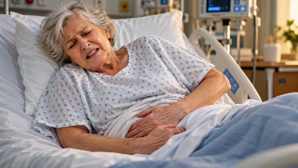 older woman in pain in hospital