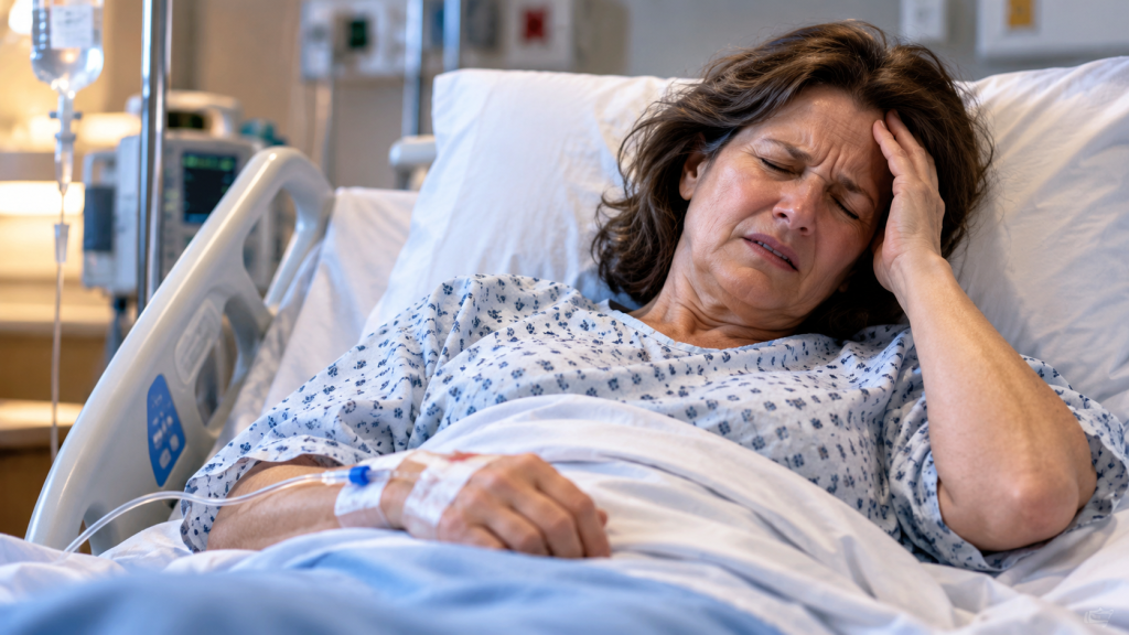 woman grimacing in bed