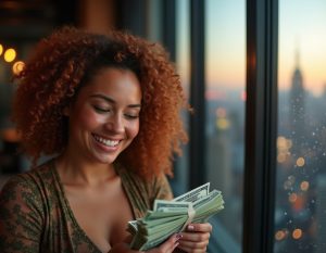 woman looking at money