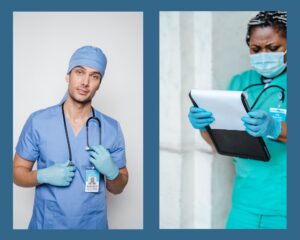 male and female nurse images side by side on a slate blue background 