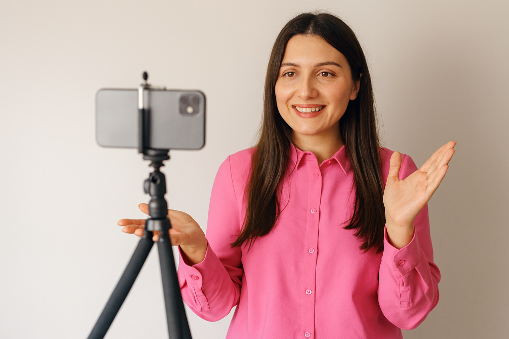 woman in pink blouse in front of camera