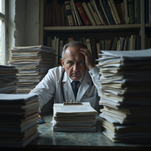 doctor surrounded by paper