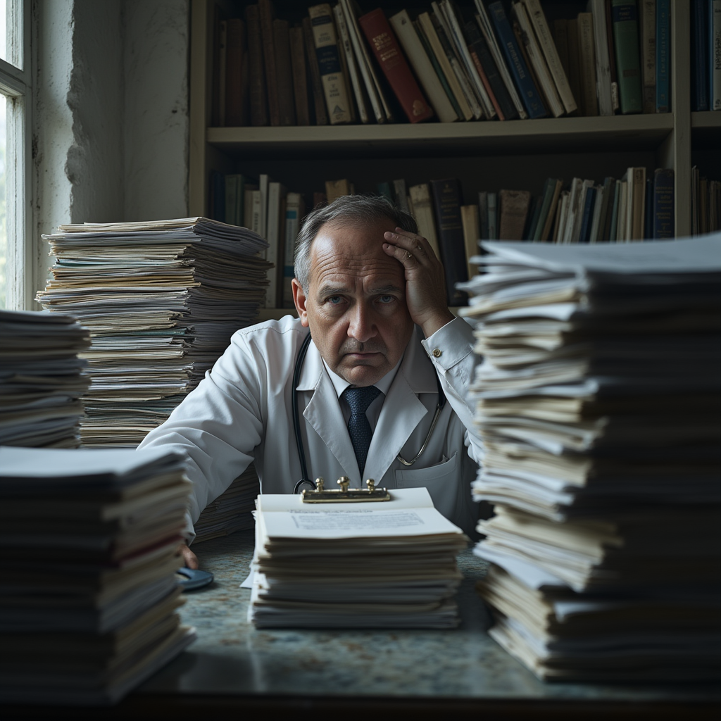 doctor surrounded by paper