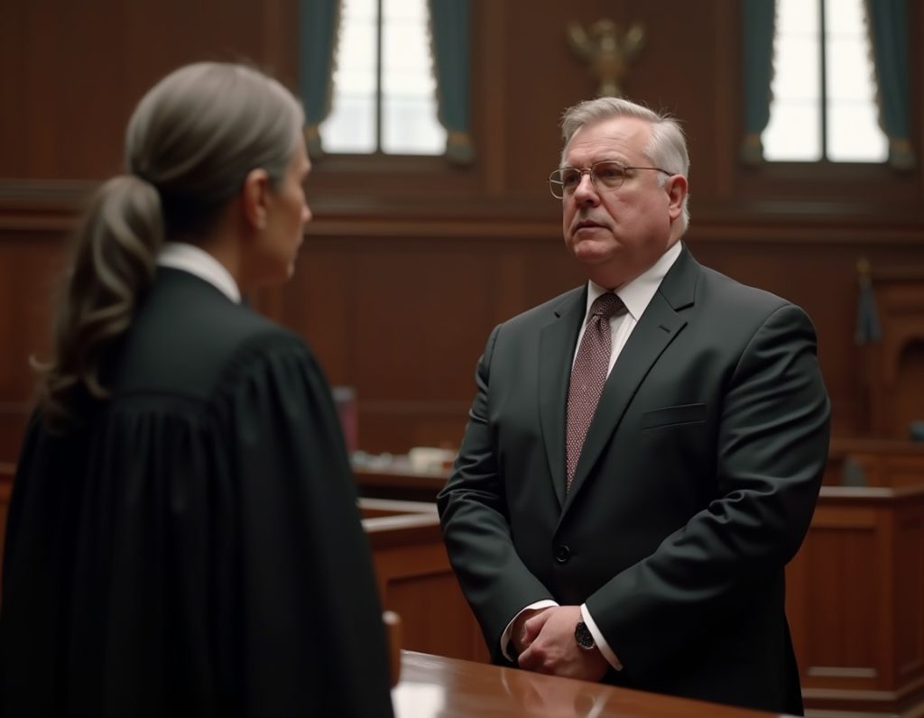 lawyer standing in front of a judge