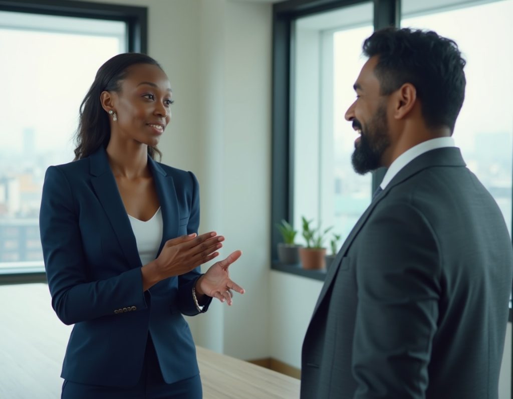 man and woman talking in a business setting