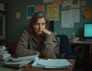 a woman sitting at a desk looking frustrated